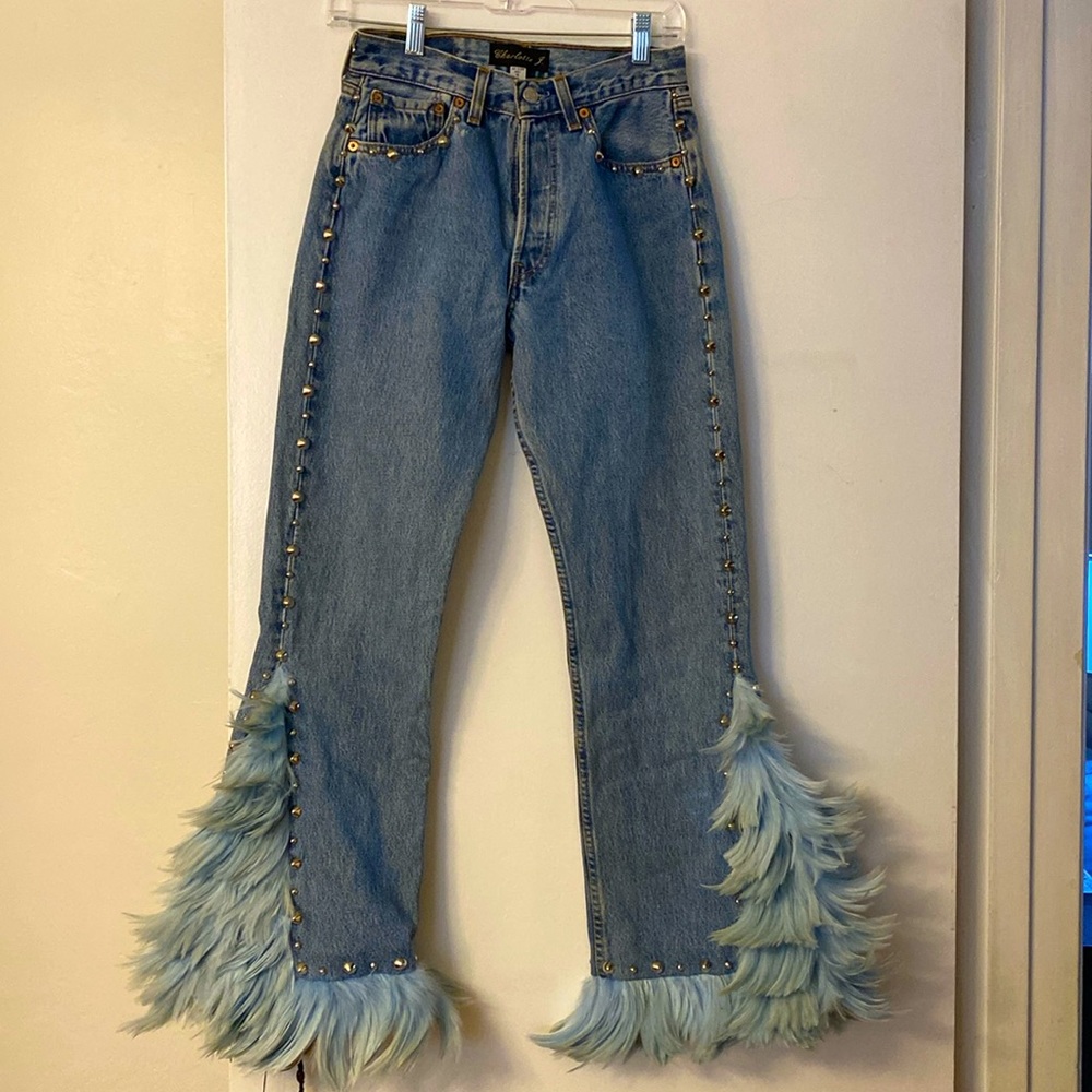 Vintage Levi’s redesign by Charlotte f with real feather detail o de legs sides